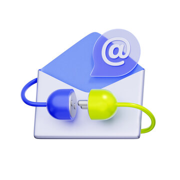 3D illustration of an email envelope with connecting plugs and an at symbol for email integration, API connection, communication sync, newsletter setup, software linking, and CRM tools.