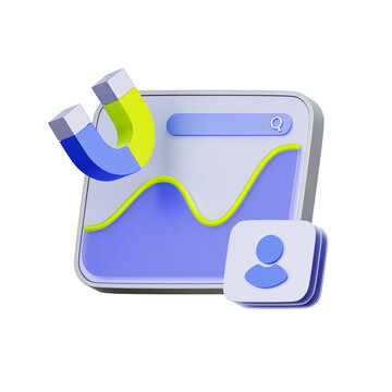 3D illustration of a data dashboard with a magnet and user profile for CRM analytics, lead generation tracking, user retention metrics, marketing performance, and conversion data.