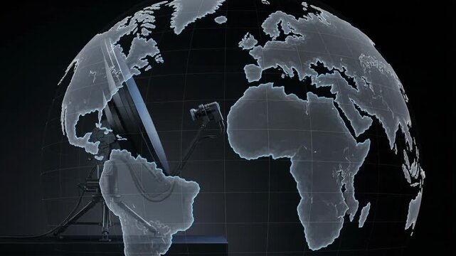 Satellite Dish Transmitting Blue Signal Beam on Dark Background