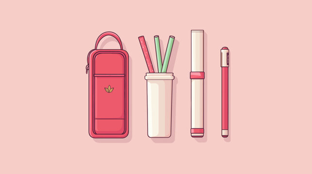 Cartoon illustration of school supplies on a pastel pink background, featuring a pencil case with handle and emblem, container with pencils and straw, cylindrical and pen-like objects