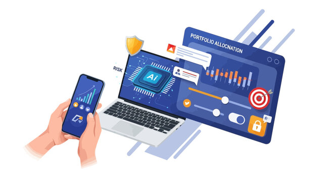 Modern financial technology illustration featuring a laptop phone and data charts