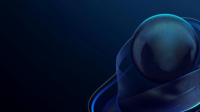 Digital blue globe made of dots and particles with glowing orbital rings, global network communication technology concept.