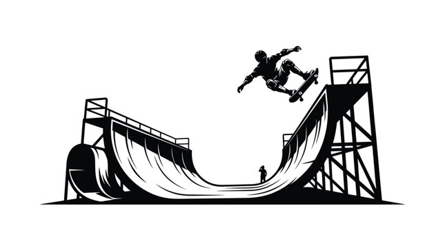 Dynamic black and white illustration of a skilled skateboarder performing an impressive aerial trick inside a large wooden half pipe ramp during a summer afternoon session
