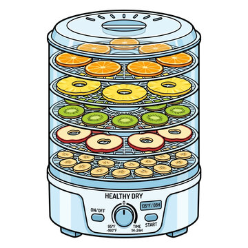 Fruit dehydrator with layered dried fruits: oranges, pineapple, kiwi, apples, bananas
