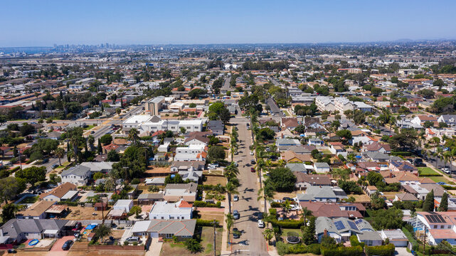 Aerial view of the domestic neighborhood surrounding the urban core of downtown Chula Vista, California, USA.