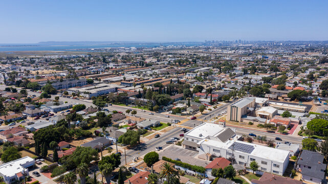 Aerial view of the domestic neighborhood surrounding the urban core of downtown Chula Vista, California, USA.
