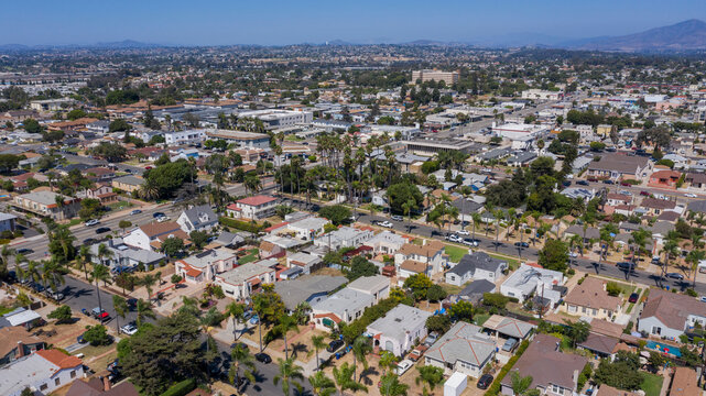 Aerial view of the domestic neighborhood surrounding the urban core of downtown Chula Vista, California, USA.