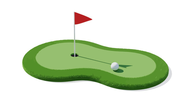 A golf ball rests on a green putting surface, close to the hole marked by a red flag. Isolated on a white background, symbolizing the game of golf.
