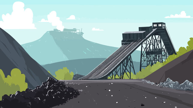 An industrial hillside mine with a towering conveyor belt and distant ships far