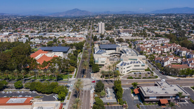 Aerial view of the dense urban downtown core of Chula Vista, California, USA.