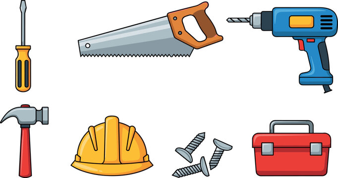 &ldquo;Colorful cartoon vector illustration of construction and repair tools including drill, saw, hammer, screwdriver, helmet, screws, and toolbox&rdquo;