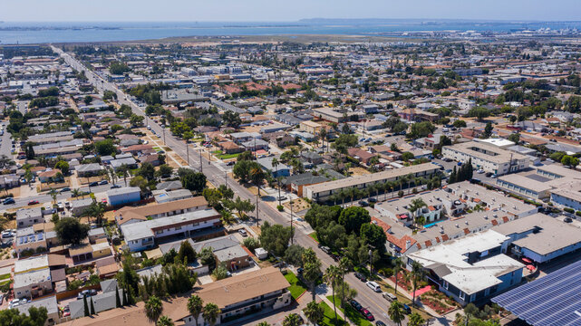 Aerial view of the domestic neighborhood surrounding the urban core of downtown Chula Vista, California, USA.