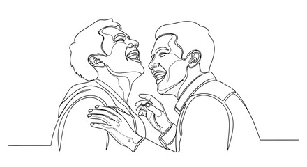 Obraz premium Two Men Laughing Together, Joyful Friendship, Hand-Drawn Outline Style
