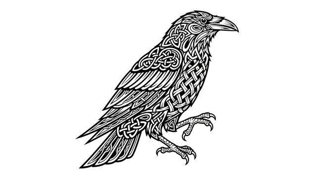 Detailed black and white illustration of a raven with intricate Celtic knotwork patterns covering its body. Ideal for tattoo art, folklore, and mystic themes.