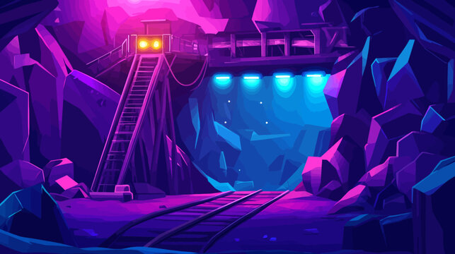 Neon-lit mine with cobalt rocks, rail tracks, and a mysterious gleaming platform