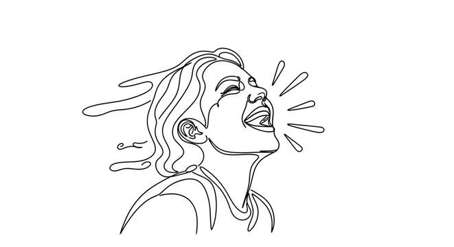 Joyful Woman Laughing Out Loud, Continuous Line Art Portrait