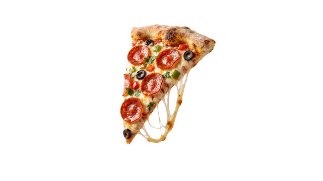 Food photography of a pepperoni pizza slice with melted cheese, olives, and bell peppers isolated on a clean. 