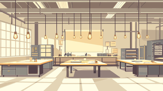 Modern office headspace design with minimalist desks, earthy tones, warm pendant lights, industrial fixtures, and abstract art
