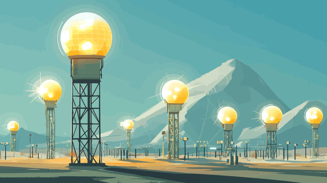 Desert scene with glowing orbs atop lattice towers amid distant mountains. afar