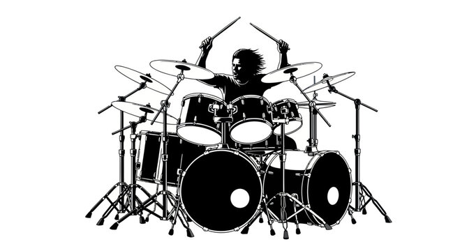 Energetic drummer playing drum kit, dynamic action shot, rock music performance