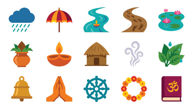 Collection of Indian cultural and religious symbols, including rain, umbrella, river, pond, pot, lamp, hut, smoke, leaves, bell, prayer hands, dharma wheel, flower garland, and sacred book.