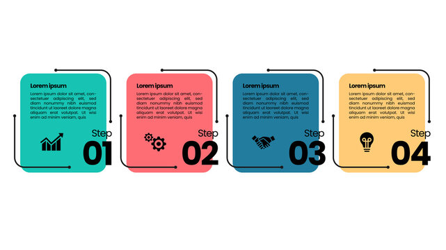 Modern 4 step horizontal business infographic template featuring colorful rounded cards numbered one to four with icons for growth, process, teamwork, and ideas.