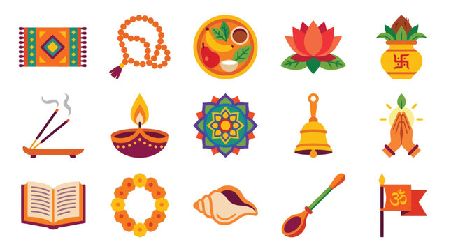 Collection of Hindu religious symbols and items for worship and celebration.