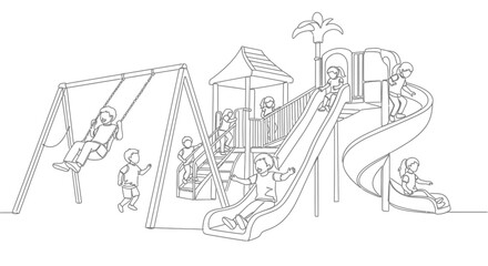 Fototapeta premium Children Playing on Playground Equipment: Swings and Slides - Line Art