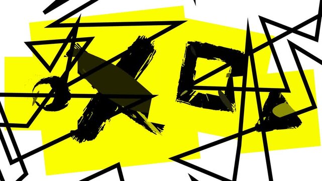 Dynamic abstract graphic composition featuring sharp intersecting lines and bold, expressive forms on a vibrant yellow backdrop, creating an energetic and modern visual design