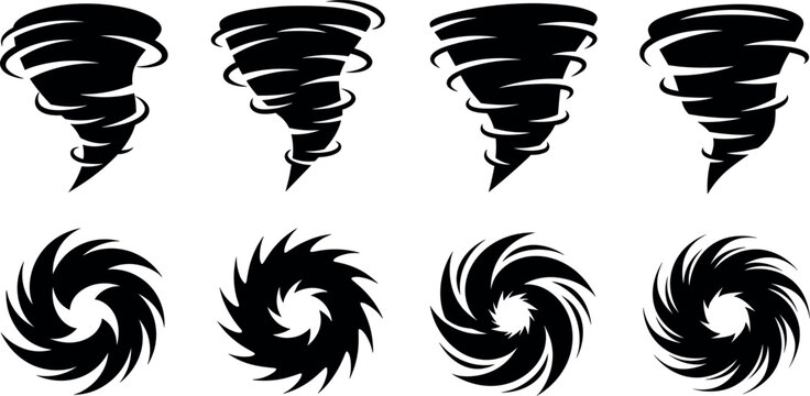 &ldquo;Vector set of tornado, whirlwind, hurricane, and cyclone icons with stylized vortex funnel and swirling spiral designs&rdquo;