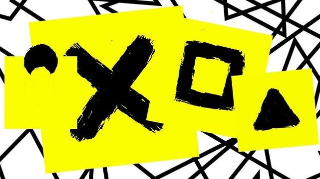Creative abstract art featuring black geometric shapes on a bright yellow background with a dynamic linear pattern