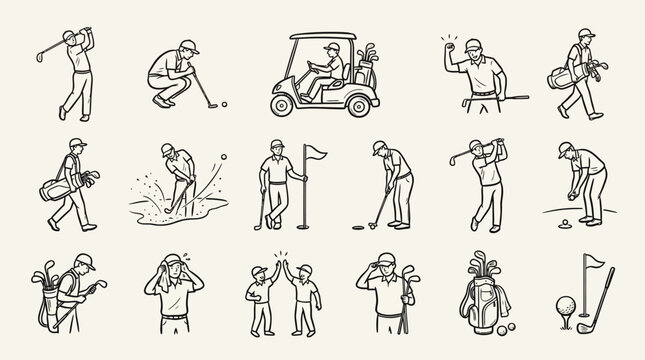 Set of hand drawn golf sport icons and doodle illustrations.