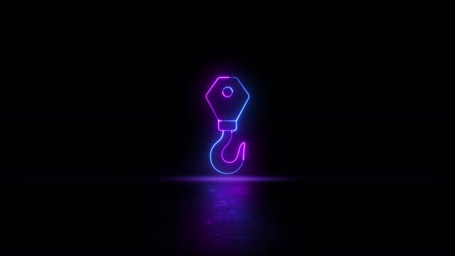 Neon glowing  line Industrial crane hook icon video black background. Crane hook icon animation. Crane hook motion animation.