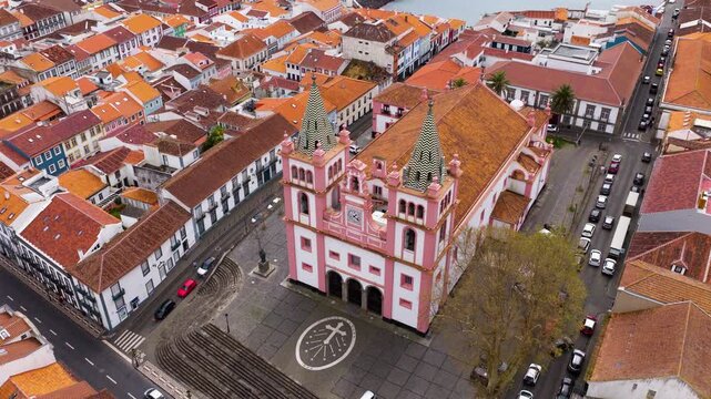 Cathedral Of Angra do Hero&iacute;smo In Terceira Island, Azores, Portugal - Aerial Drone Shot