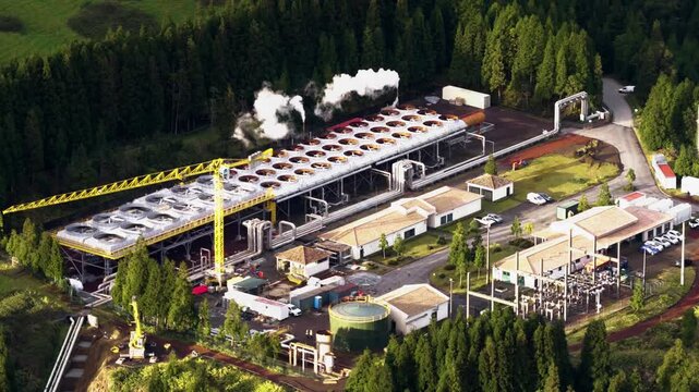 Air-cooling System Of Ribeira Grande Geothermal Power Plant On S&atilde;o Miguel Island In The Azores, Portugal. Aerial Shot