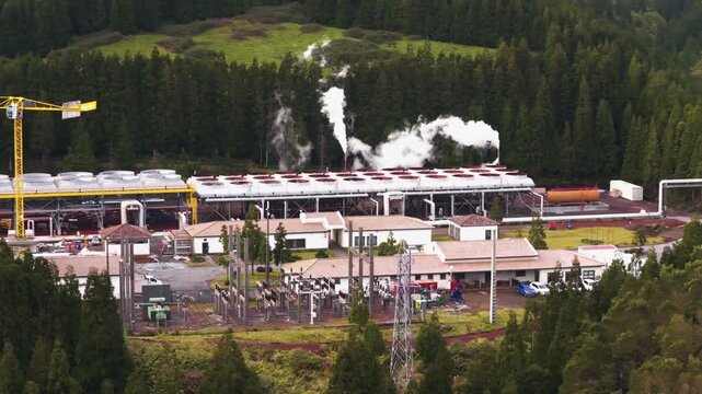 Smokes From The Air-cooled Condenser (ACC) System Of Ribeira Grande Geothermal Power Plant On S&atilde;o Miguel Island In The Azores. Aerial Shot