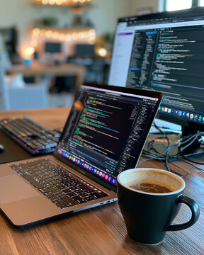 Modern Programming Workspace: Creative Desk Setup for Developers with MacBook and Laptop Lifestyle