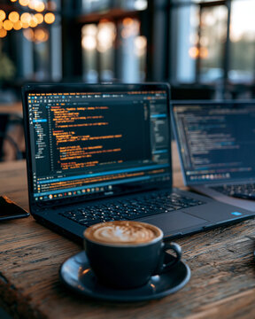 Modern Programming Workspace: Laptop, Coffee, and Code Focus for Digital Nomads