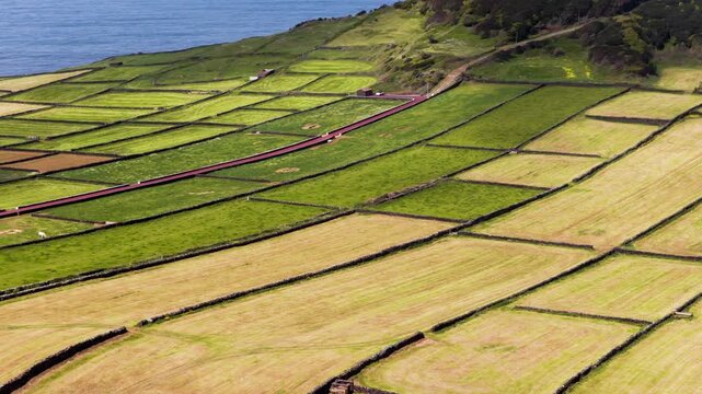 Aerial View Of The Patchwork Quilt Landscape Of Terceira Island In The Azores, Portugal.