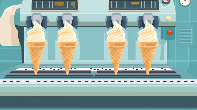 Cartoon-style ice cream machine dispensing vanilla swirls into cones, featuring mint green body, gray dispensers, orange controls, and vent-like details