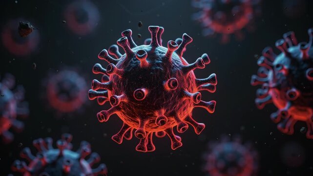 Close-up 3D rendering of a red coronavirus particle with spike proteins.