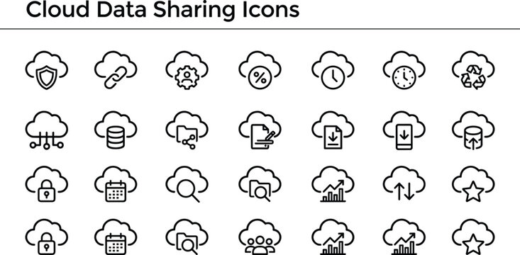 Cloud data sharing icons set featuring storage transfer synchronization security analytics and network communication elements for digital platforms