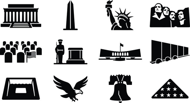 Memorial day usa may 27th patriotic american icons monuments vector set