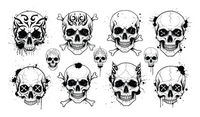 Fototapeta premium Collection of stylized human skulls with tribal patterns and ink splatters for dark themed graphics