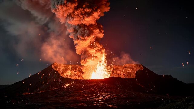 Active volcanic eruption with glowing lava and smoke at night.