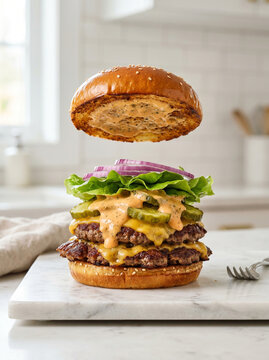 Gourmet burger featuring stacked double patty with red onion for culinary blog clean minimalist kitchen