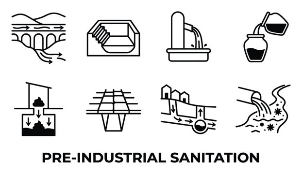 Pre-industrial sanitation line icons set. Historical sewage and waste disposal systems illustration.