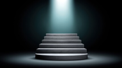 Obraz premium Dramatic Scene of a Spotlight Illuminating a Pedestal with Stairs in a Dark and Moody Environment for Stage or Presentation Use