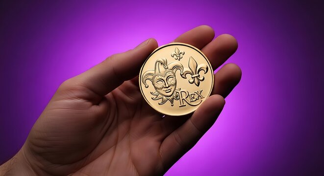 hand holding a shiny Mardi Gras coin doubloon