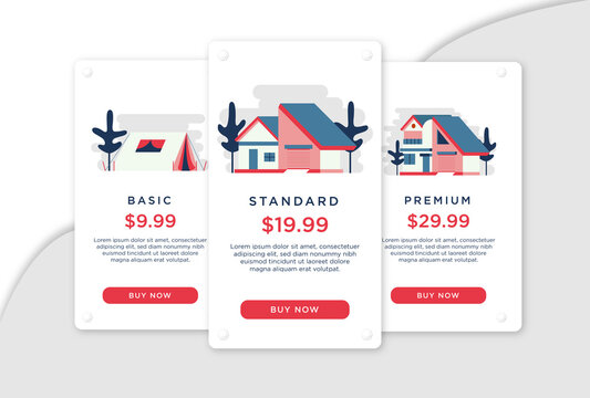 UI UX pricing table design with three subscription plan cards labeled basic standard and premium featuring illustrations of a tent a small house and a large modern residence.